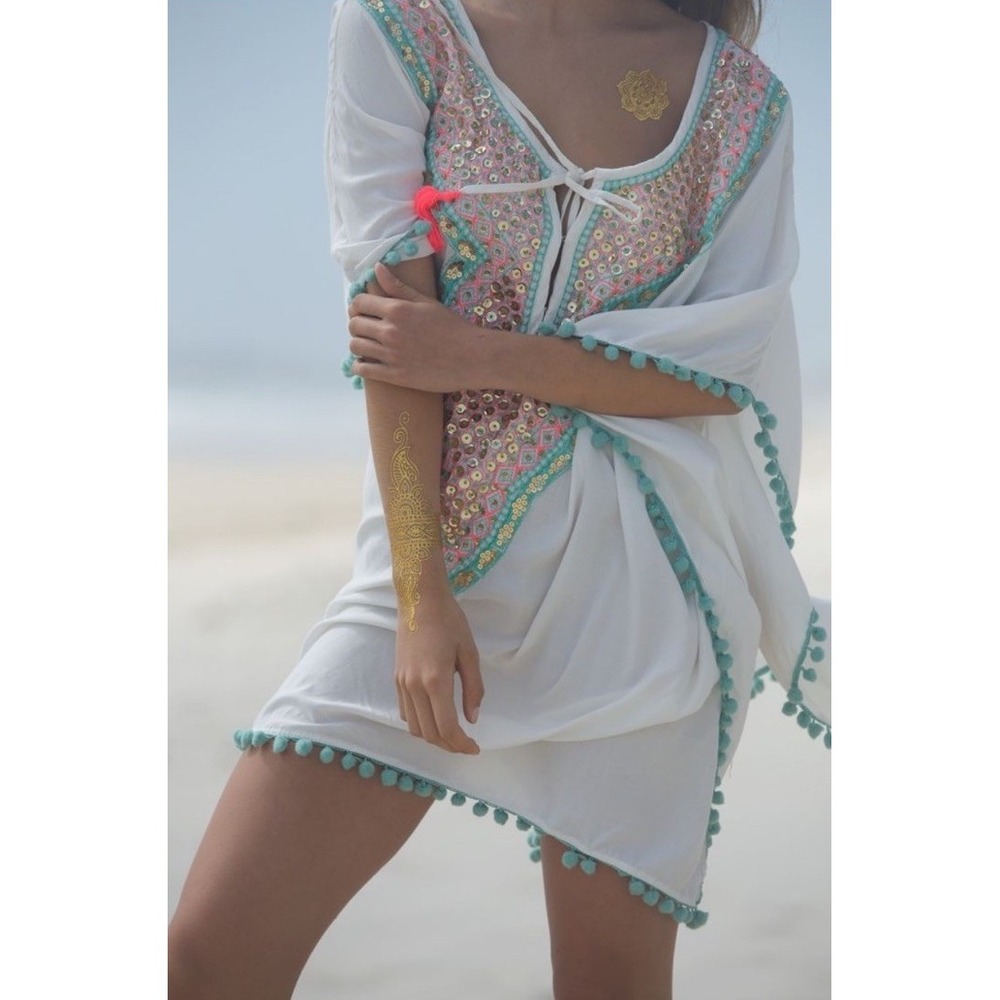 Miss June Paris Boho Beach Dress One Size Ivory Pink Blue Embroidered Sequins